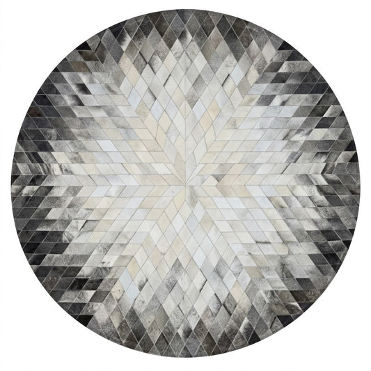 Tapis en Cuir rond patchwork géométrique étoile gris blanc beige vue de face – Berbère Tapis