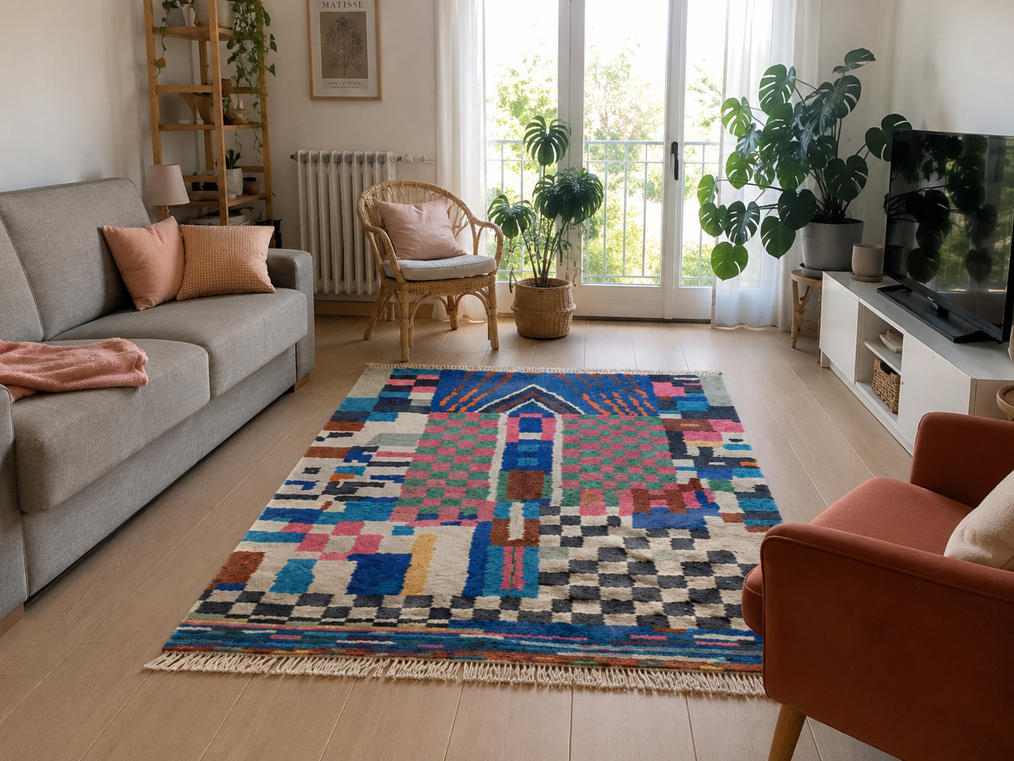 Tapis berbère Boujaad multicolore à motif abstrait, composition asymétrique, franges, vue de face