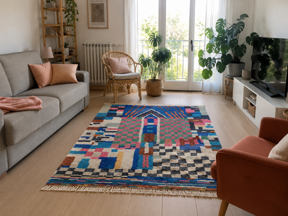 Tapis berbère Boujaad multicolore à motif abstrait, composition asymétrique, franges, vue de face