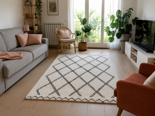 Tapis berbère Beni Ouarain écru à losanges double contour noir, longue pile touffetée, vue de face, fait main au Maroc