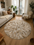 Tapis en Cuir Patchwork Rond Beige | Motifs Losanges Géométriques