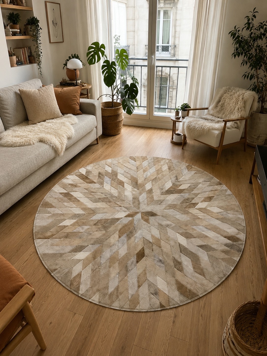 Tapis en cuir rond, patchwork à motifs losanges rayonnants beige et sable, vue de dessus, fait main au Maroc