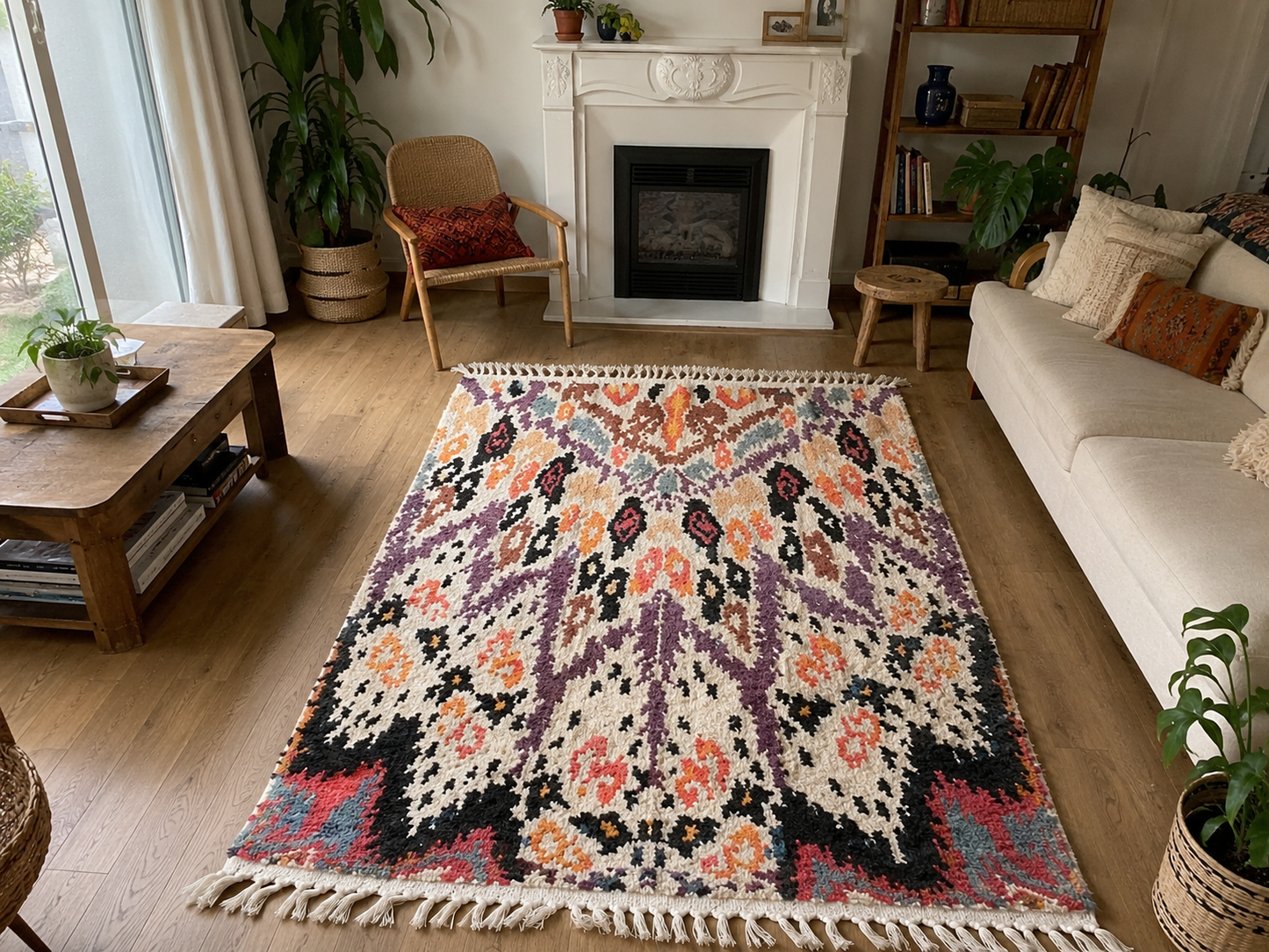 Tapis berbère Boujaad à motifs abstraits multicolores sur fond blanc crème, franges coton, vue de face