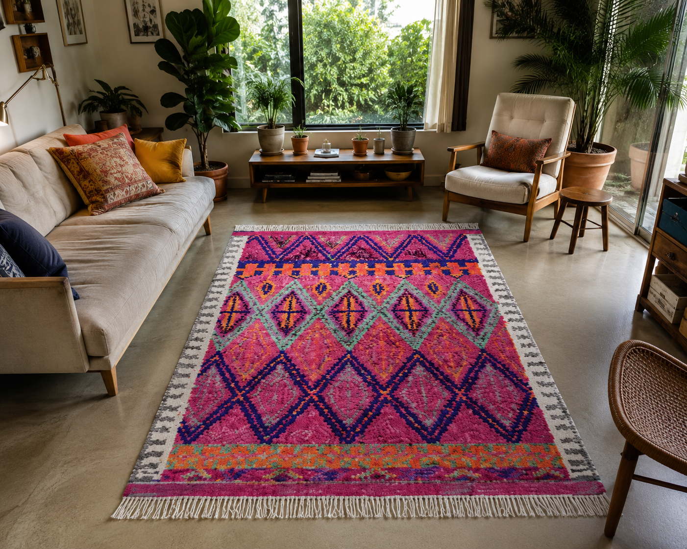 Tapis berbère Mrirt à losanges rose fuchsia et bleu marine, franges, vue de face, fait main au Maroc