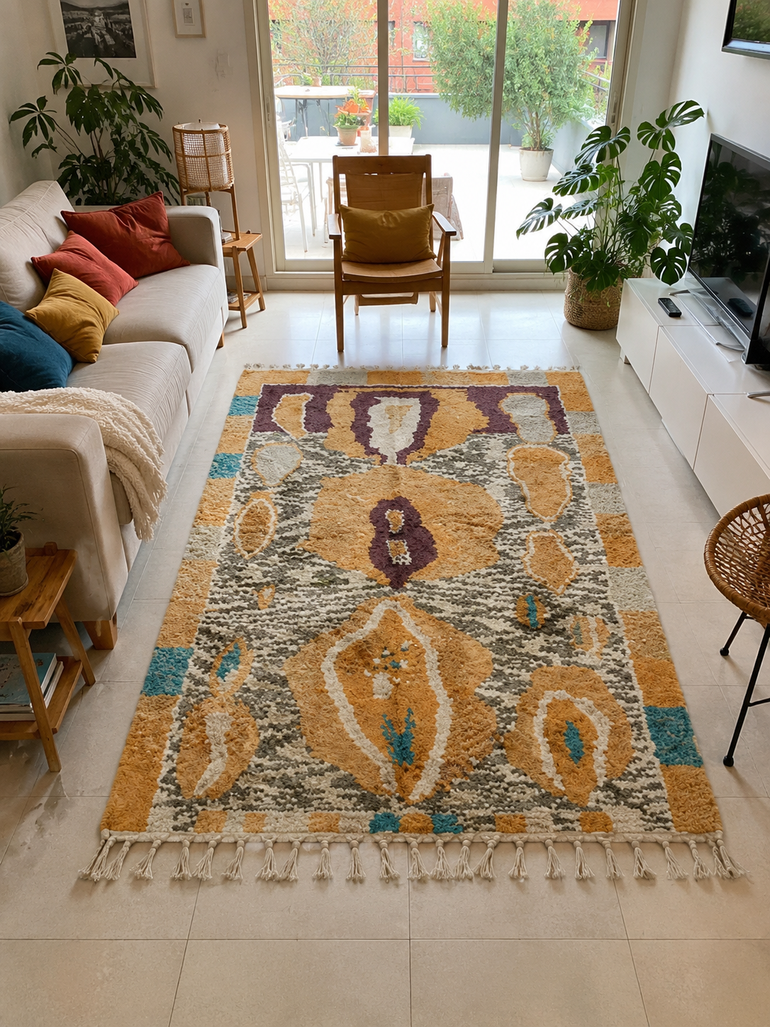 Tapis berbère Azilal à motifs tribaux ocre et prune, franges coton, vue de face, fait main au Maroc