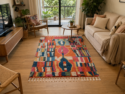 Tapis berbère Boujaad multicolore à médaillon losange et blocs géométriques, franges, vue de face