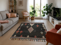 Tapis Azilal Noir Multicolore | Motif Losange à Franges | 80x150 cm & 120x180 cm