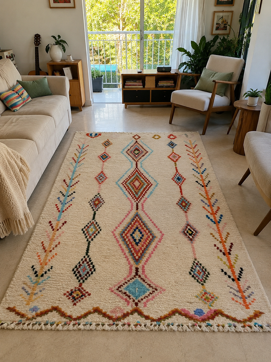 Tapis berbère Azilal coloré à losanges multicolores, vue de face, fait main au Maroc