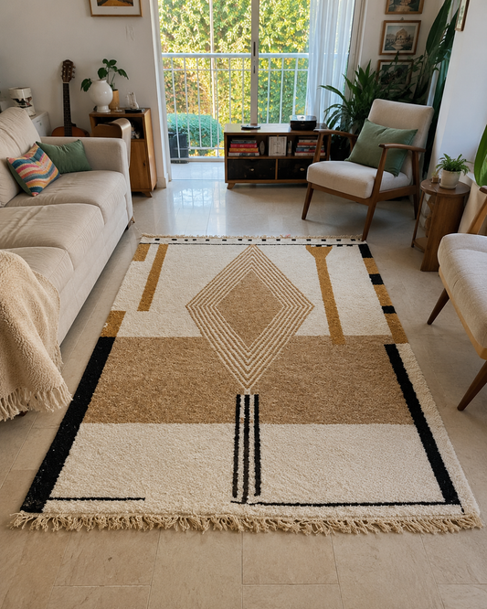 Tapis berbère Beni Ouarain géométrique camel, noir et ivoire à losanges, vue de face, fait main au Maroc