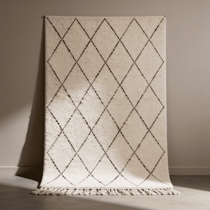 Tapis Berbère Beni Ouarain | Résille Losanges Blanc et Noir Touffeté | Berbère Tapis