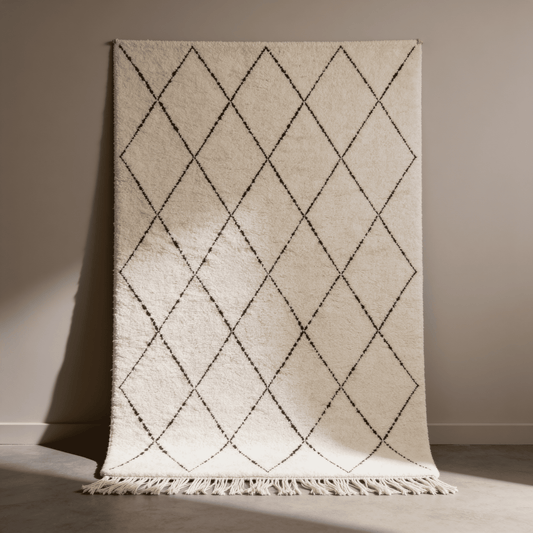 Tapis Berbère Beni Ouarain | Résille Losanges Blanc et Noir Touffeté | Berbère Tapis