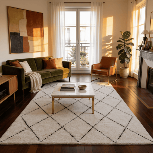 Tapis Berbère Beni Ouarain | Résille Losanges Blanc et Noir Touffeté | Berbère Tapis