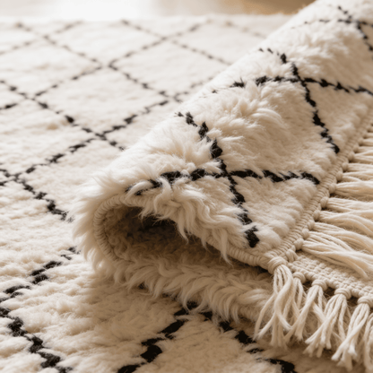 Tapis Berbère Beni Ouarain | Résille Losanges Blanc et Noir Touffeté | Berbère Tapis