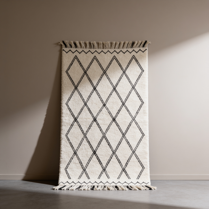 Tapis Berbère Beni Ouarain | Losanges Noirs sur Fond Écru Touffeté | Berbère Tapis