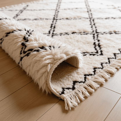 Tapis Berbère Beni Ouarain | Losanges Noirs sur Fond Écru Touffeté | Berbère Tapis
