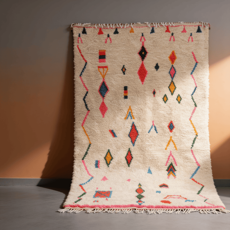 Tapis Azilal Blanc Multicolores Bords Rose | Fait Main Maroc