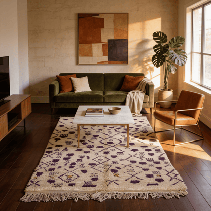 Tapis Berbère Beni Ouarain Ivoire à Motifs Violets