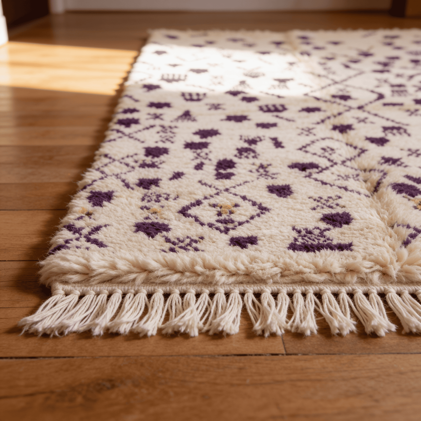 Tapis Berbère Beni Ouarain Ivoire à Motifs Violets