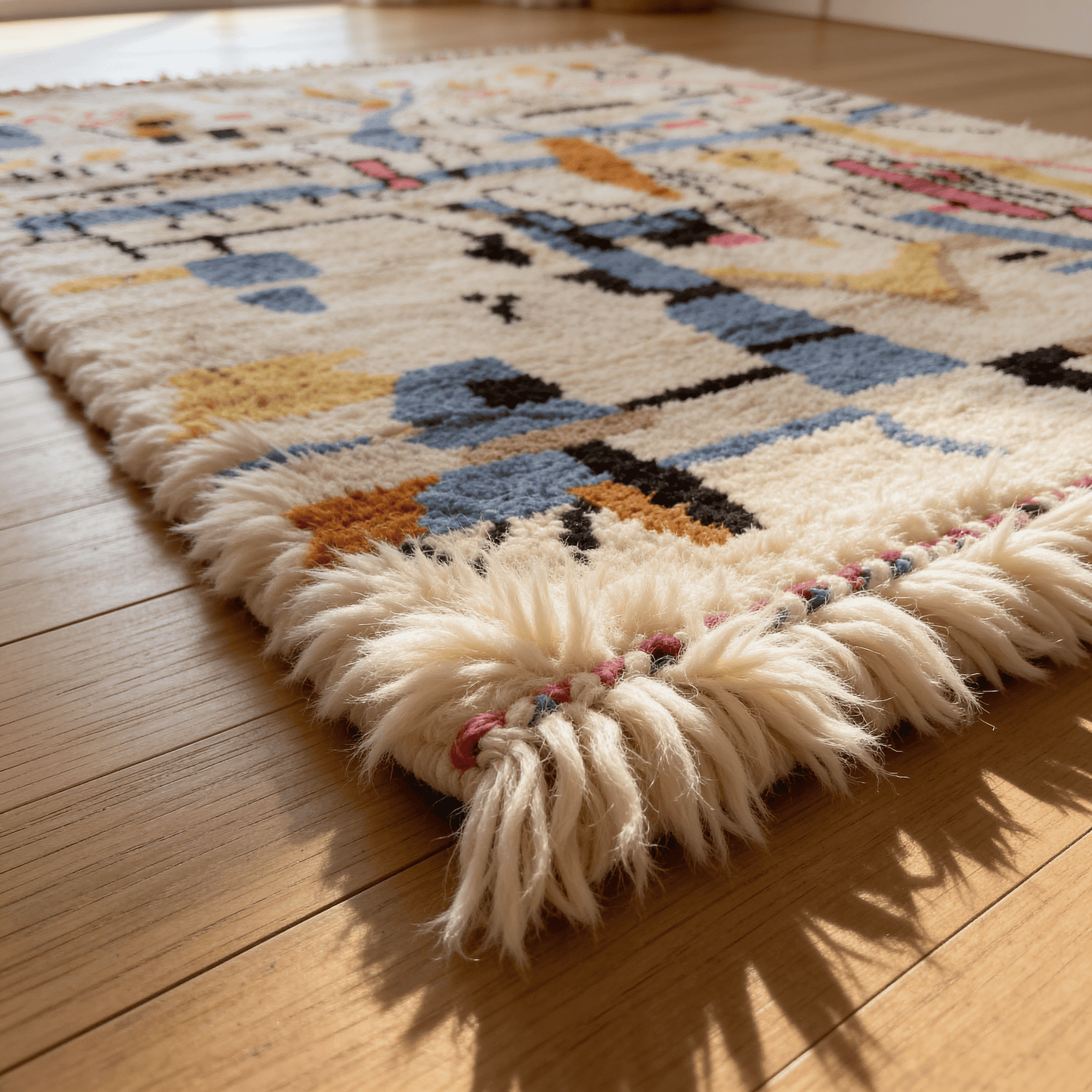 Tapis Berbère Azilal Blanc - Motifs Colorés Abstraits