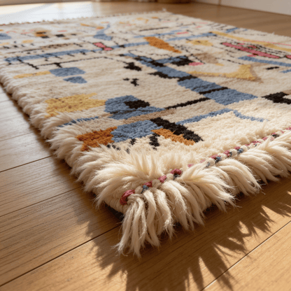 Tapis Berbère Azilal Blanc - Motifs Colorés Abstraits