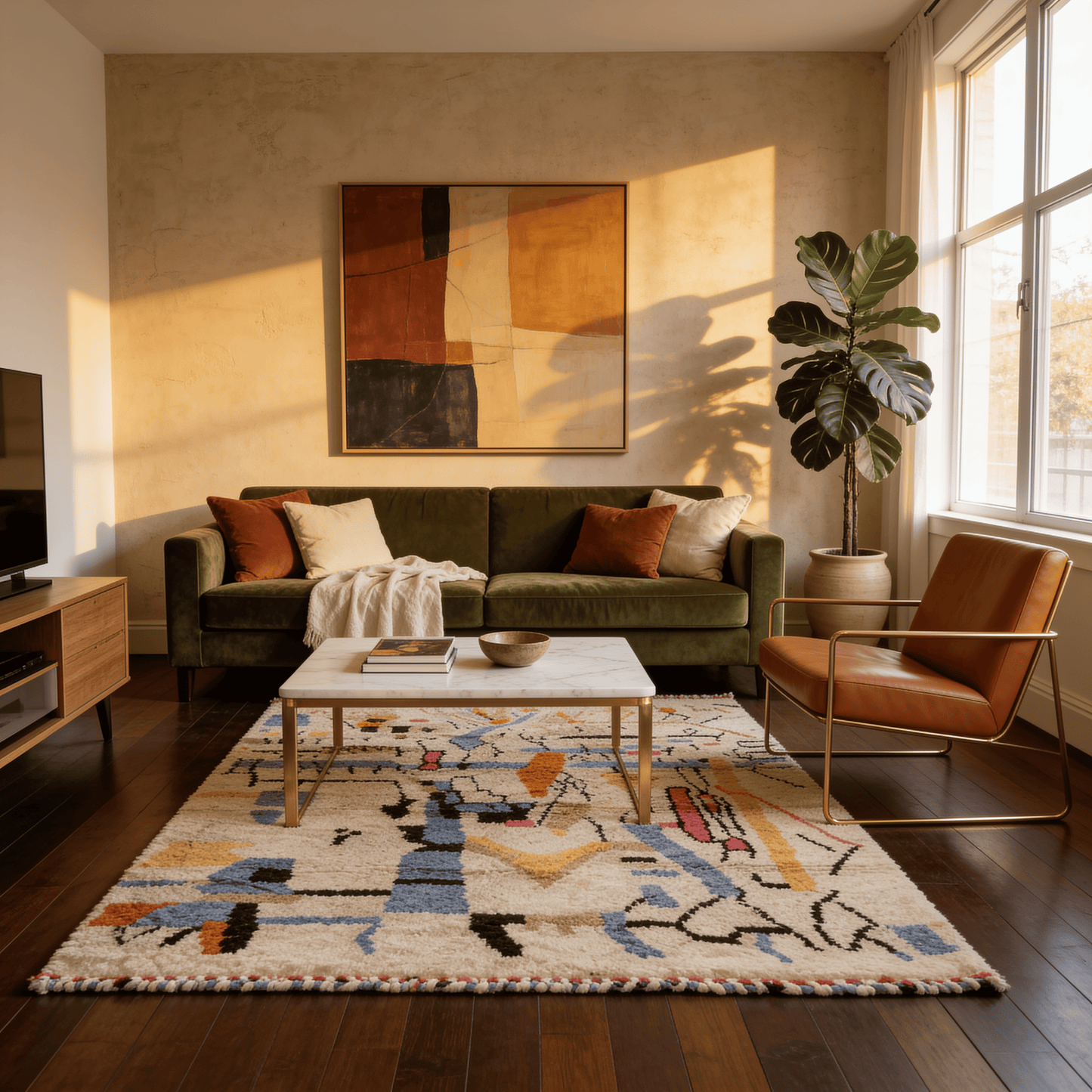 Tapis Berbère Azilal Blanc - Motifs Colorés Abstraits