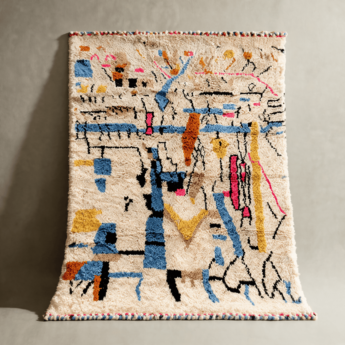 Tapis Berbère Azilal Blanc - Motifs Colorés Abstraits