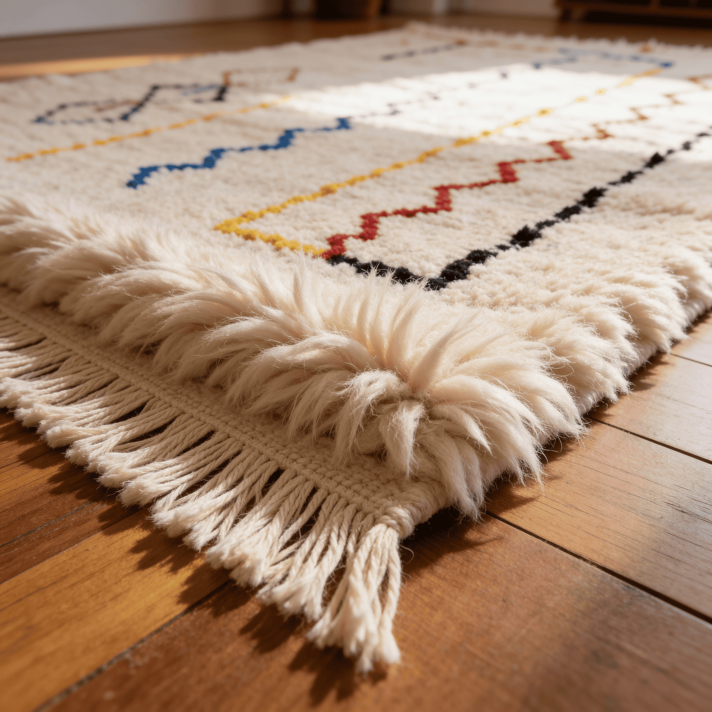 Tapis Berbère Azilal Blanc à Poils Longs