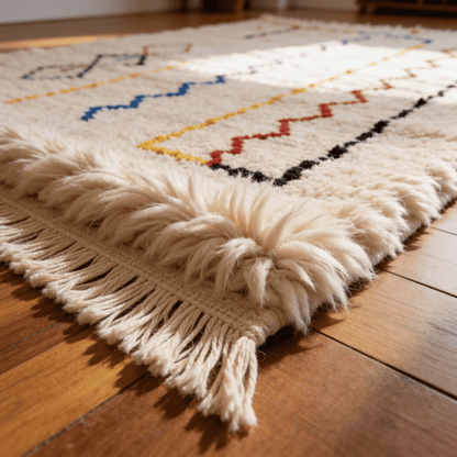 Tapis Berbère Azilal Blanc à Poils Longs