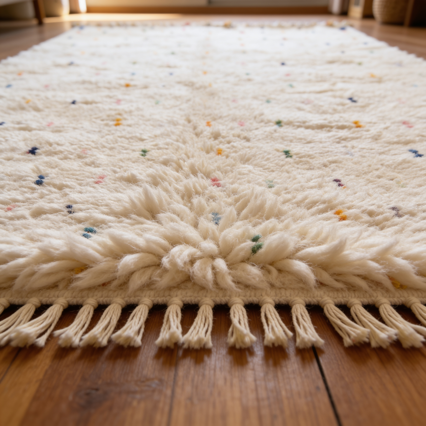 Tapis Berbère Azilal Blanc à Pois Colorés