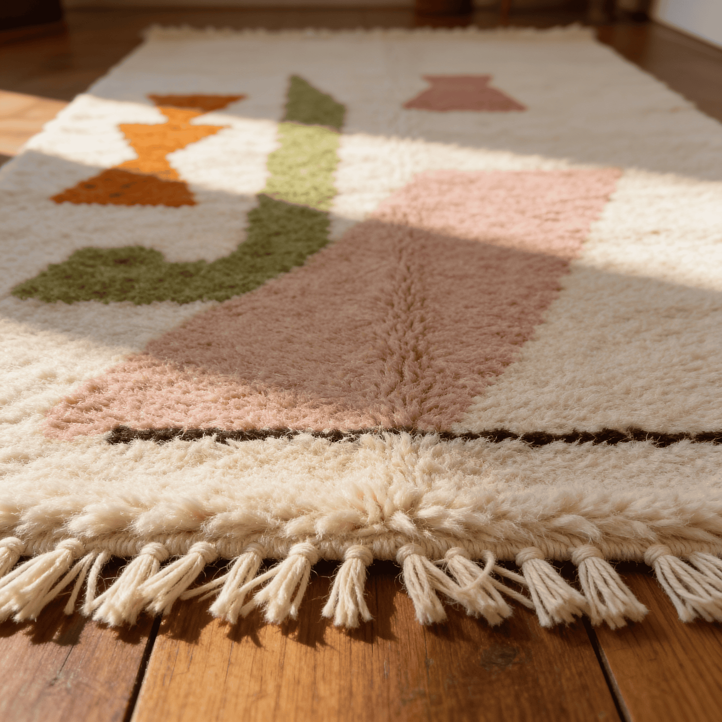 Tapis Berbère Beni Ouarain - Motifs Terracotta, Vert et Rose