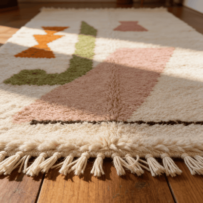 Tapis Berbère Beni Ouarain - Motifs Terracotta, Vert et Rose