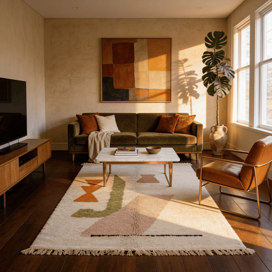 Tapis Berbère Beni Ouarain - Motifs Terracotta, Vert et Rose