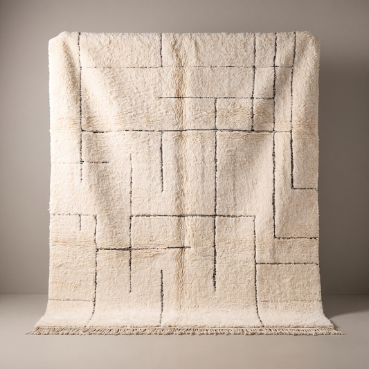 Mestara - Tapis Berbère shaggy, vue de face sur fond gris studio