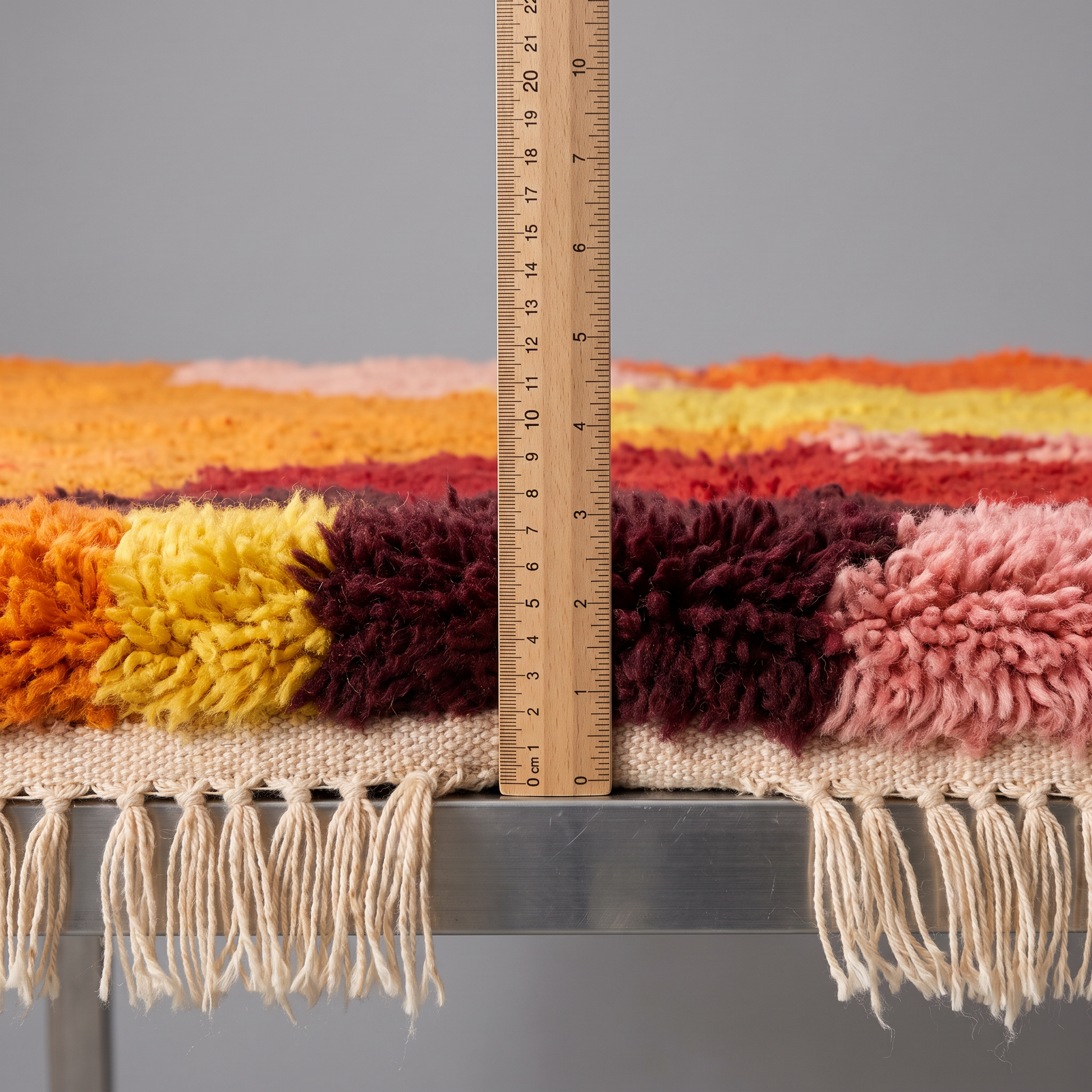 Tapis Berbère Azilal - mesure de l'épaisseur avec une règle graduée