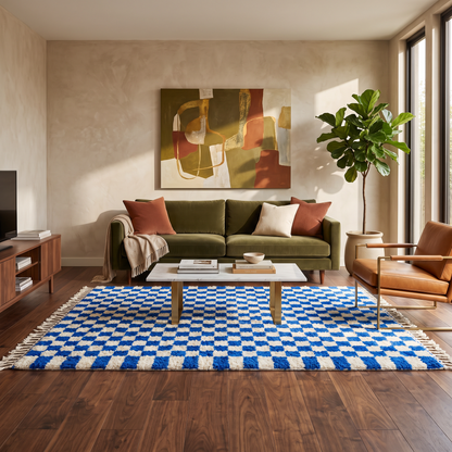 Tapis Berbère Azilal damier bleu et écru en situation dans un salon moderne