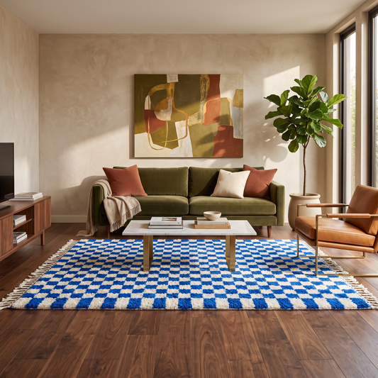 Tapis Berbère Azilal damier bleu et écru en situation dans un salon moderne