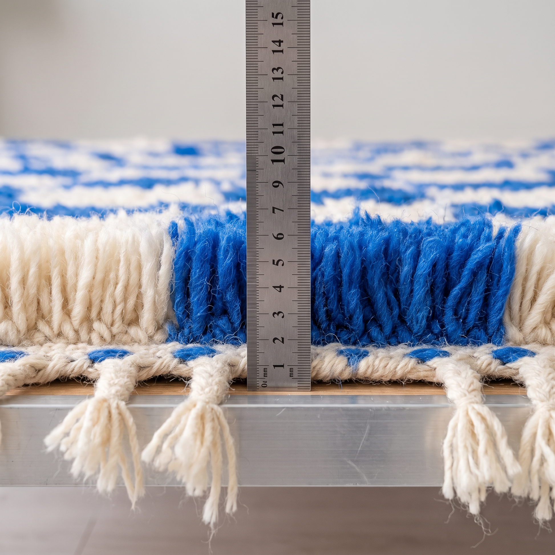 Tapis Berbère Azilal damier - mesure de l'épaisseur avec une règle graduée