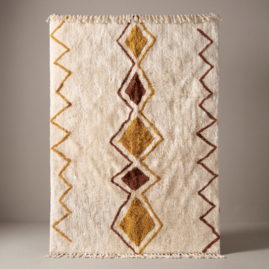 Tapis Berbère Azilal écru à losanges ocre et terracotta, vue de face sur fond gris studio