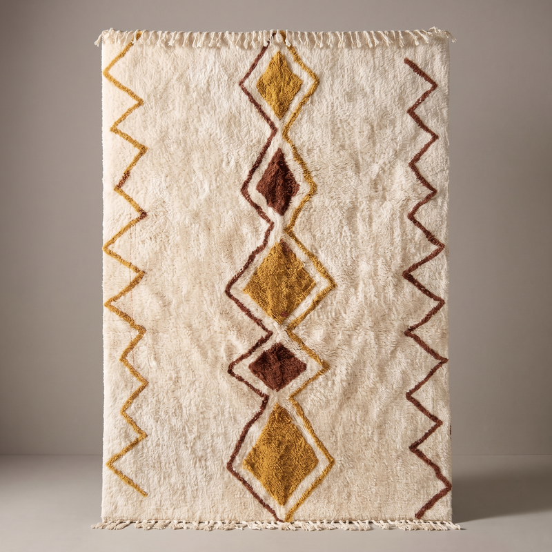Tapis Berbère Azilal écru à losanges ocre et terracotta, vue de face sur fond gris studio