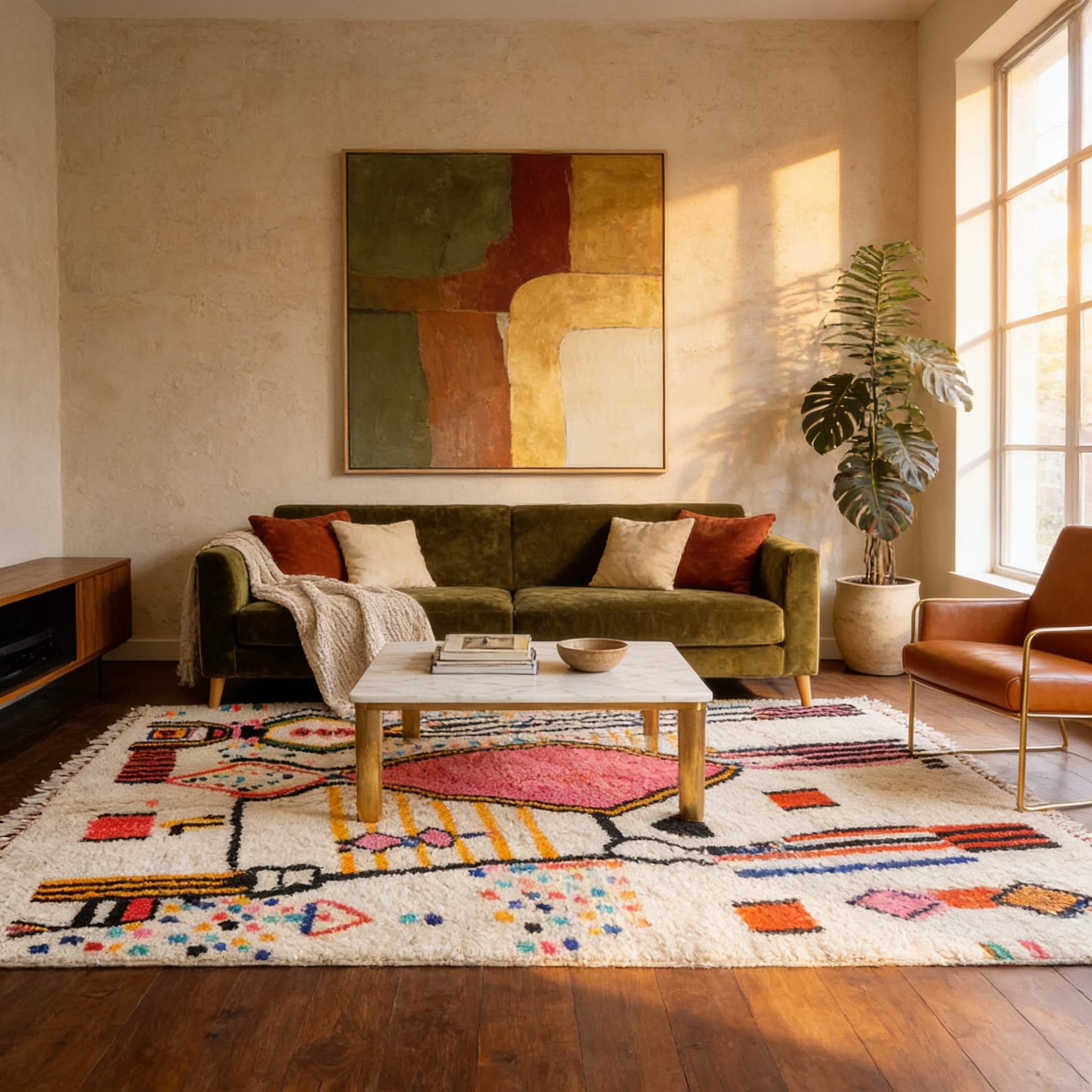Tapis Berbère Azilal écru à motifs abstraits en situation dans un salon moderne