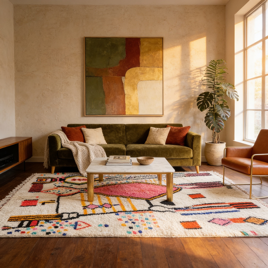 Tapis Berbère Azilal écru à motifs abstraits en situation dans un salon moderne