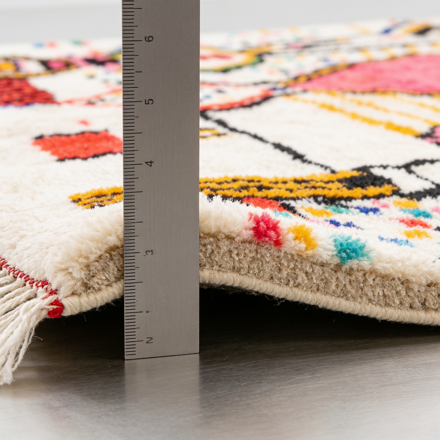 Tapis Berbère Azilal écru - mesure de l'épaisseur avec une règle graduée