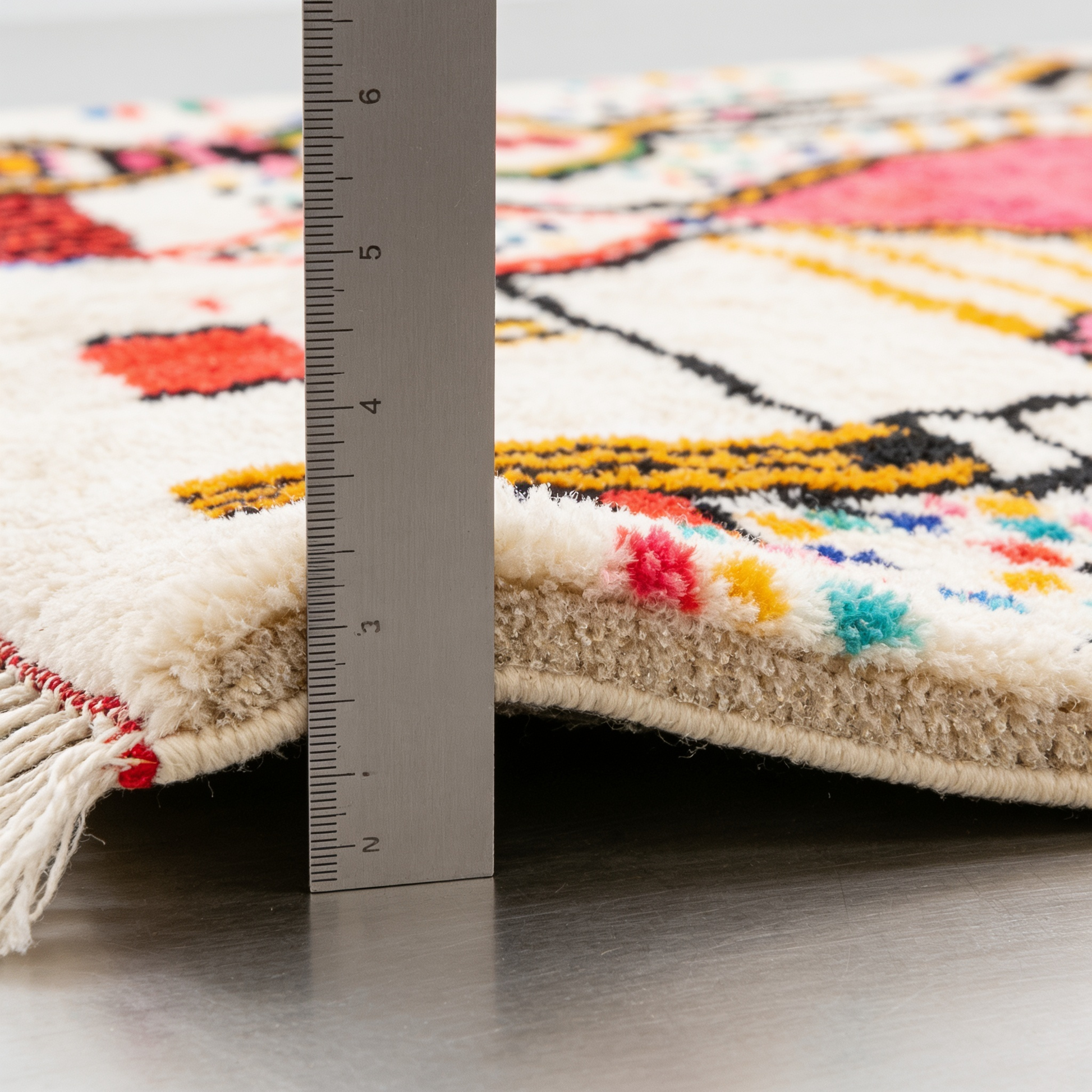 Tapis Berbère Azilal écru - mesure de l'épaisseur avec une règle graduée