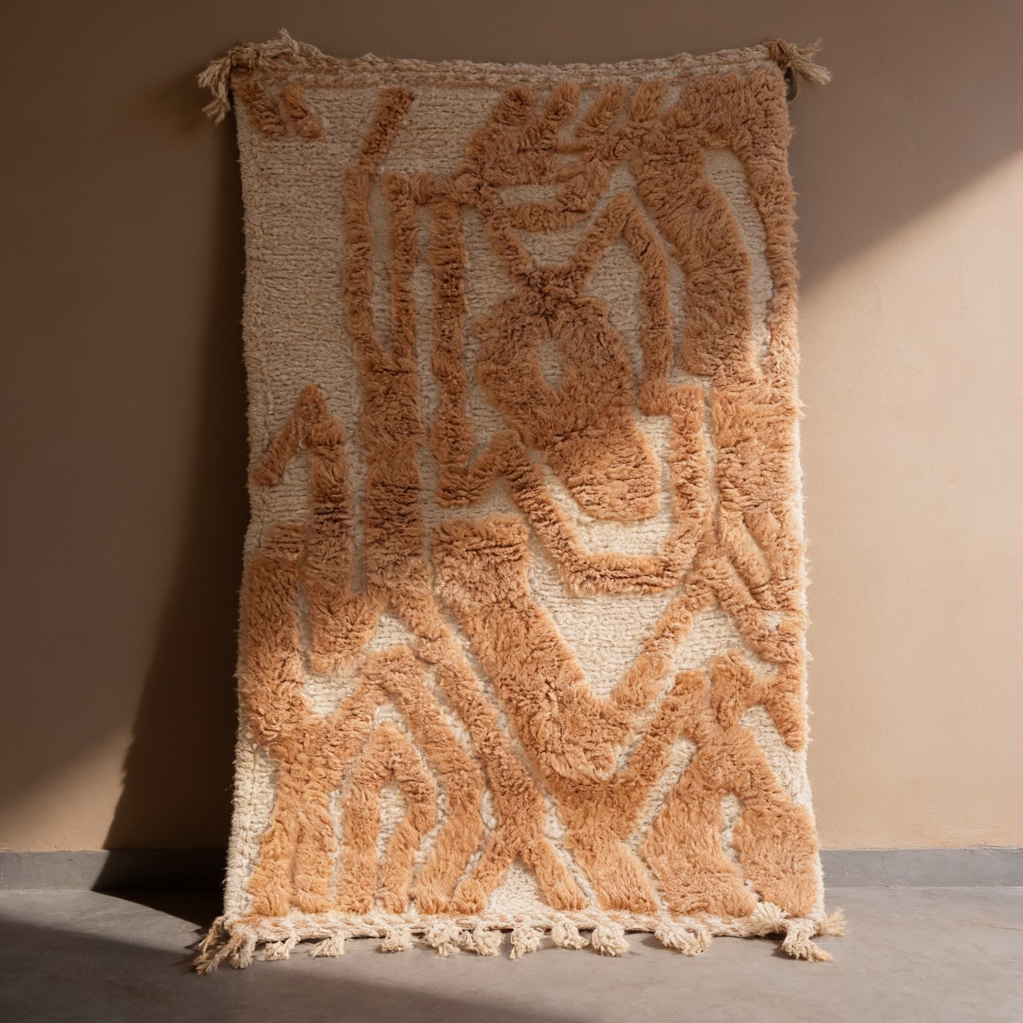 Tapis Berbère beige à reliefs abstraits Béni Ouarain, vue de face sur fond gris studio