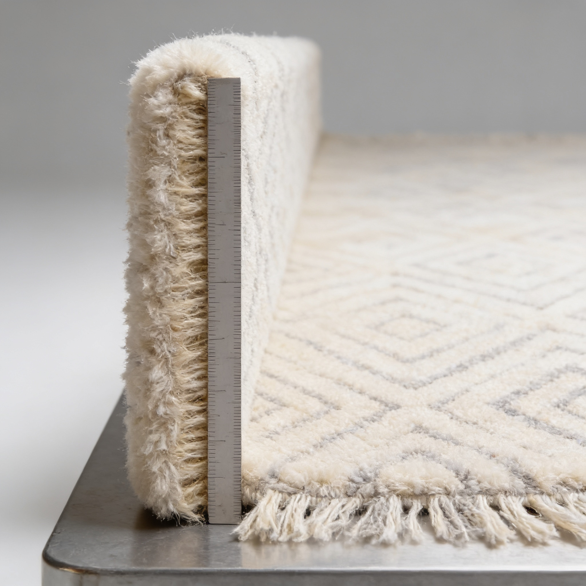 Tapis Berbère Beni Ouarain - mesure de l'épaisseur avec une règle graduée