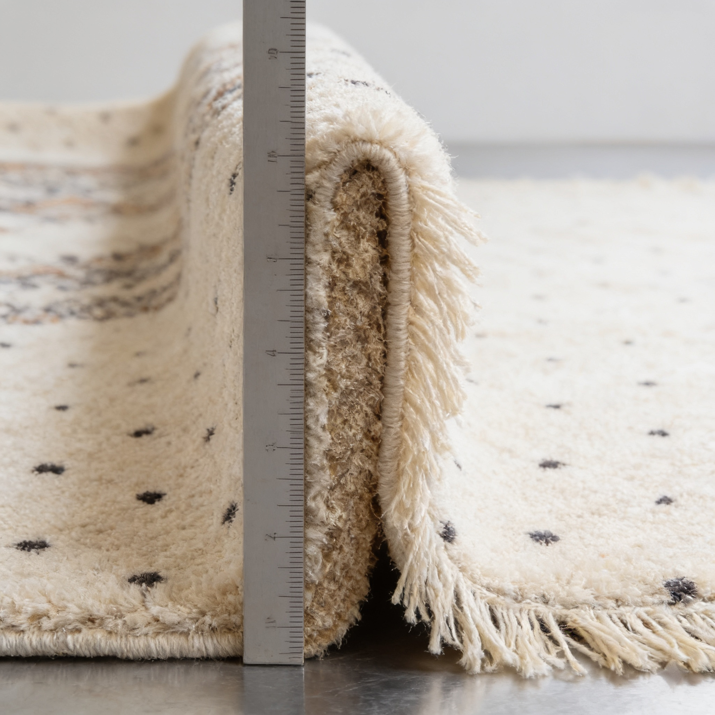 Tapis Berbère Beni Ouarain - mesure de l'épaisseur avec une règle graduée
