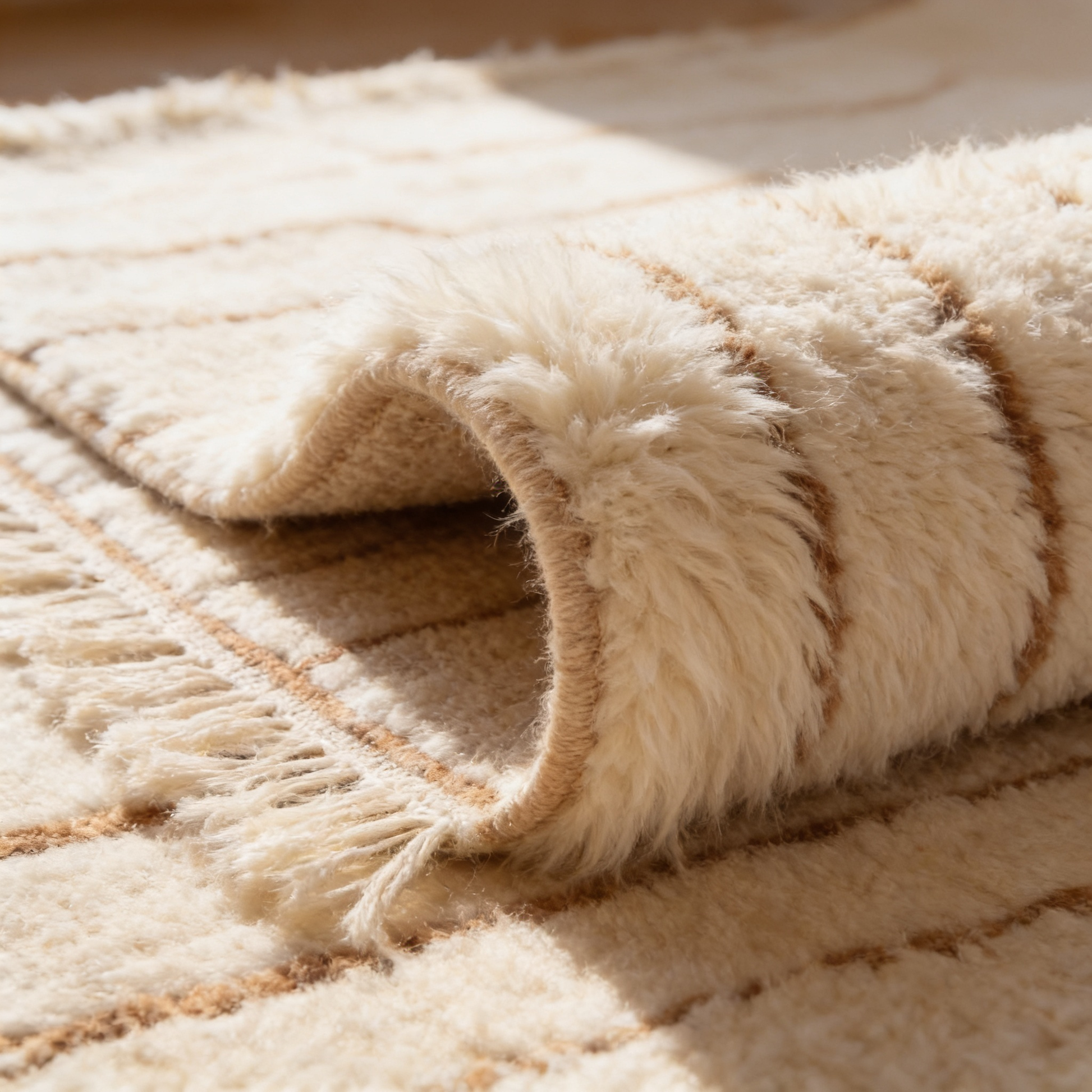 Tapis Berbère Beni Ouarain shaggy blanc - gros plan sur l'épaisseur du poil