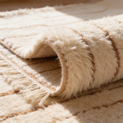 Tapis Berbère Beni Ouarain shaggy blanc - gros plan sur l'épaisseur du poil