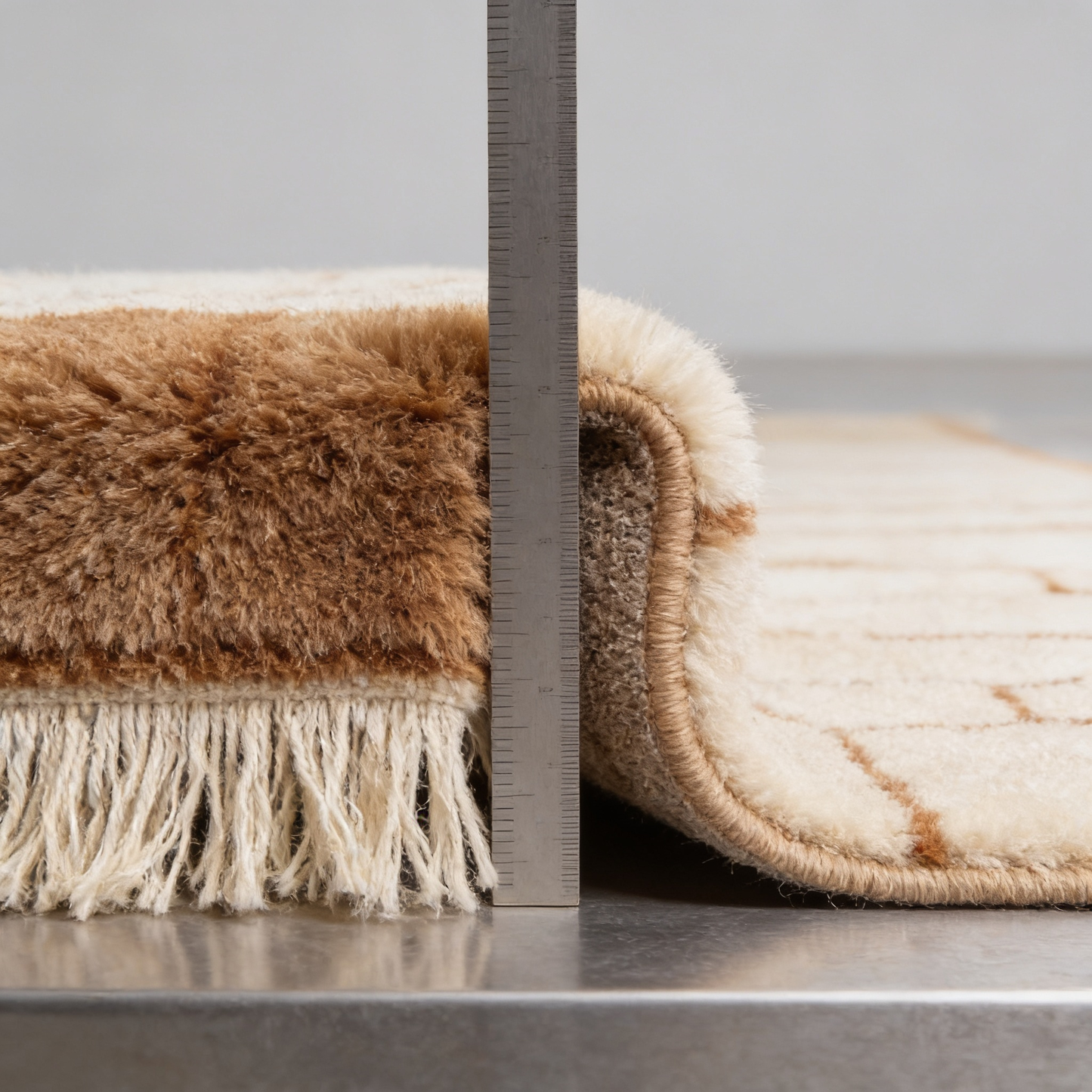 Tapis Berbère Beni Ouarain shaggy blanc - mesure de l'épaisseur avec une règle graduée