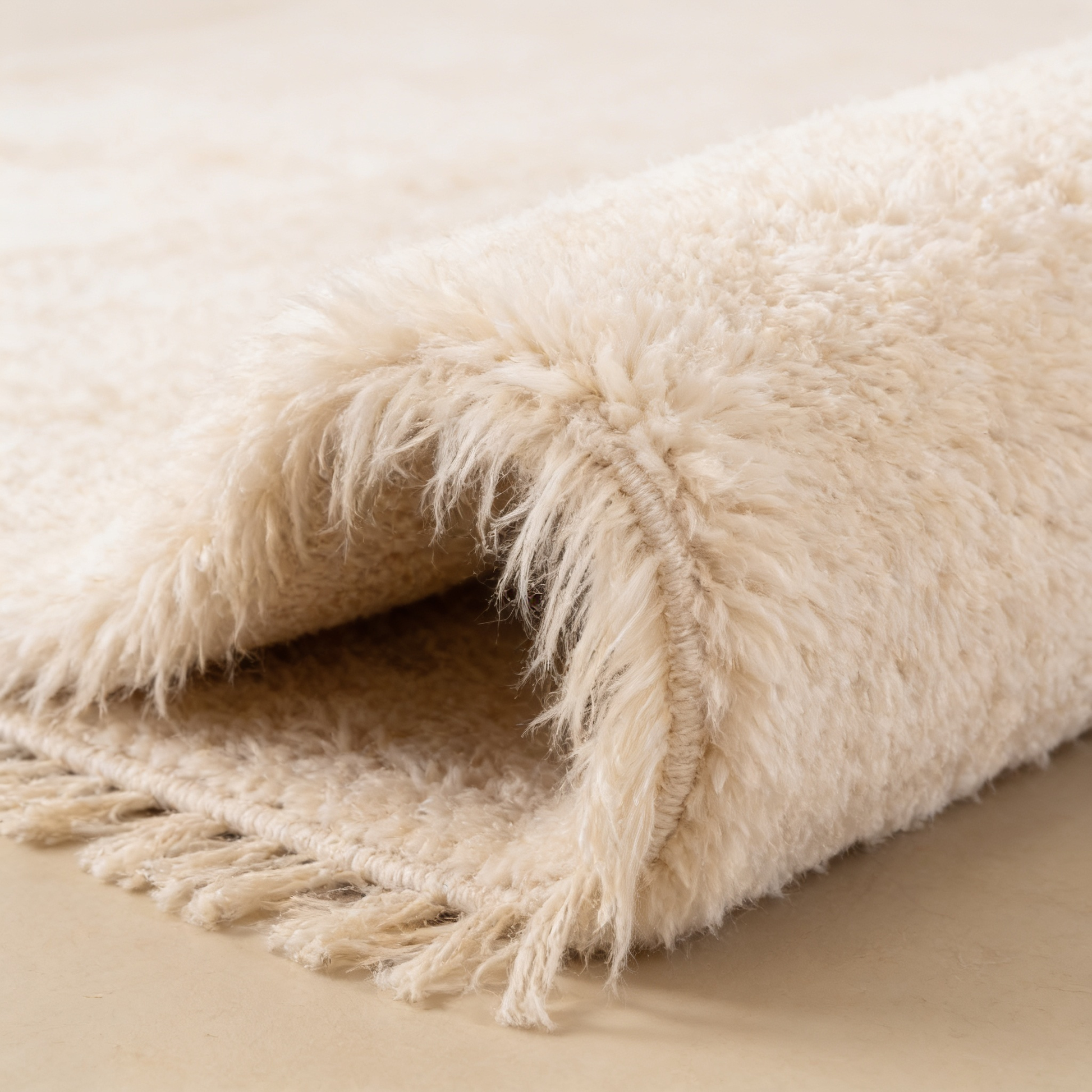 Tapis Berbère Beni Ouarain shaggy écru - gros plan sur l'épaisseur du poil